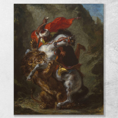 Cavaliere Arabo Attaccato Da Un Leone Eugène Delacroix edx10 quadro stampato su tela