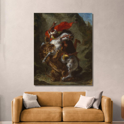 Cavaliere Arabo Attaccato Da Un Leone Eugène Delacroix edx10 quadro stampato su tela