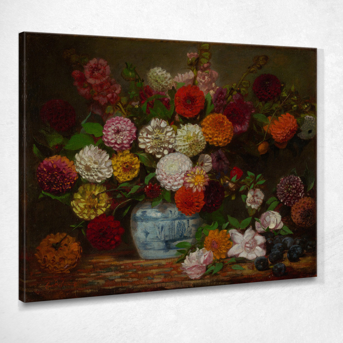 Natura Morta Con Dalie Zinnie Malvarose E Prugne Eugène Delacroix edx112 quadro stampato su tela Natura Morta Con Dalie Zinnie Malvarose E Prugne Eugène Delacroix edx112 quadro stampato su tela
