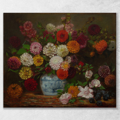 Natura Morta Con Dalie Zinnie Malvarose E Prugne Eugène Delacroix edx112 quadro stampato su tela