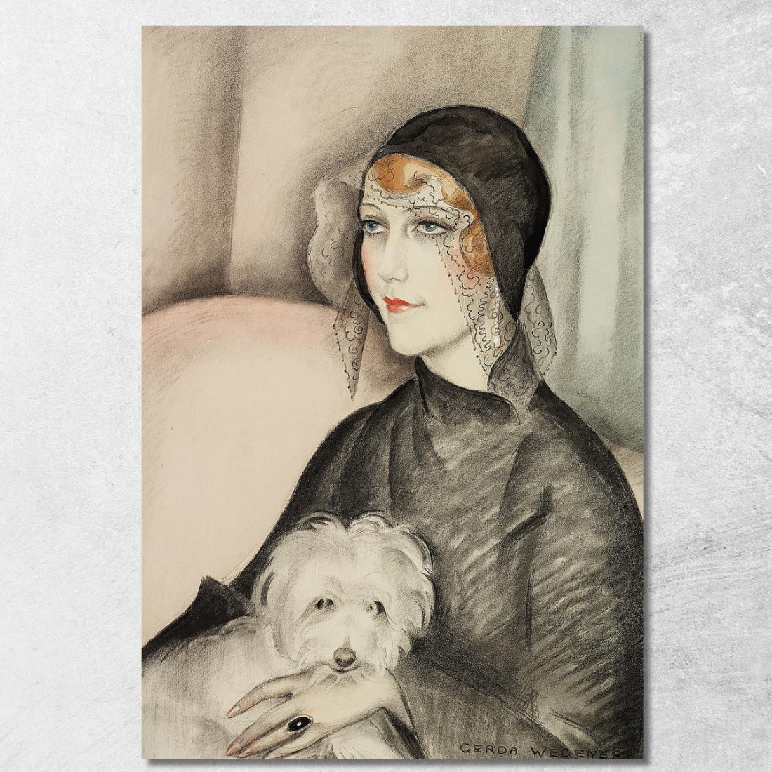 Giovane Donna Con Cappello A Cilindro Nero E Piccolo Cagnolino Bianco Gerda Wegener gwg38 quadro stampato su tela Giovane Donna Con Cappello A Cilindro Nero E Piccolo Cagnolino Bianco Gerda Wegener gwg38 quadro stampato su tela