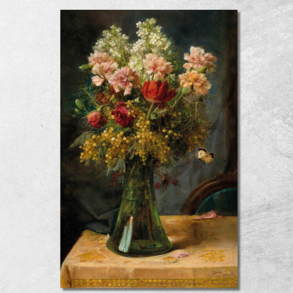 Un Mazzo Di Fiori Con Tulipani E Garofani In Un Vaso Di Vetro Con Farfalla Hans Zatzka hzt3 quadro stampato su tela