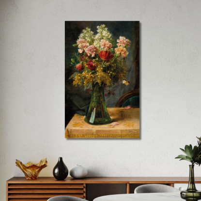 Un Mazzo Di Fiori Con Tulipani E Garofani In Un Vaso Di Vetro Con Farfalla Hans Zatzka hzt3 quadro stampato su tela