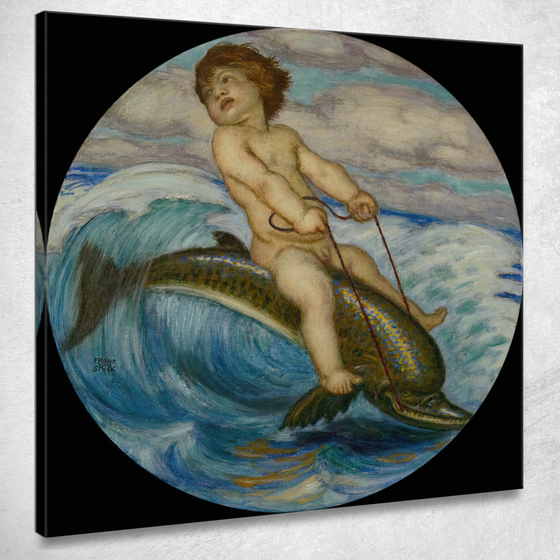 Erote Cavalcando Un Delfino Franz von Stuck fvs30 quadro stampato su tela Erote Cavalcando Un Delfino Franz von Stuck fvs30 quadro stampato su tela