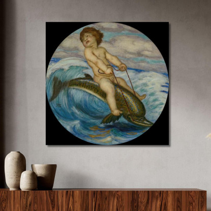 Erote Cavalcando Un Delfino Franz von Stuck fvs30 quadro stampato su tela