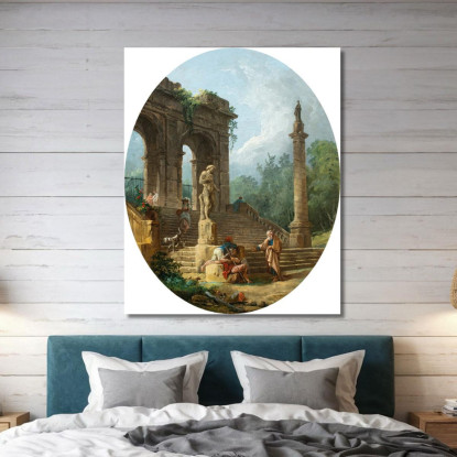 Capriccio Di Un Portico Classico E Di Una Colonna Con Figure Che Conversano Davanti A Una Statua Hubert Robert hrb2 quadro stam