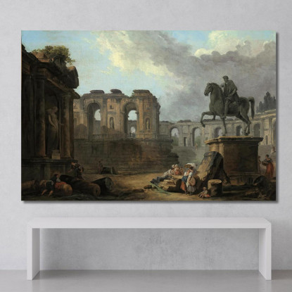 Capriccio Romano Con Lavandaie Presso La Statua Di Marco Aurelio Hubert Robert hrb13 quadro stampato su tela