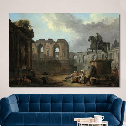 Capriccio Romano Con Lavandaie Presso La Statua Di Marco Aurelio Hubert Robert hrb13 quadro stampato su tela