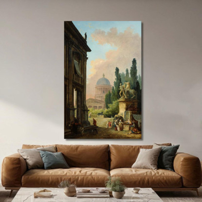 Veduta Immaginaria Di Roma Con Il Domatore Di Cavalli Del Monte Cavallo E Una Chiesa Hubert Robert hrb44 quadro stampato su tel